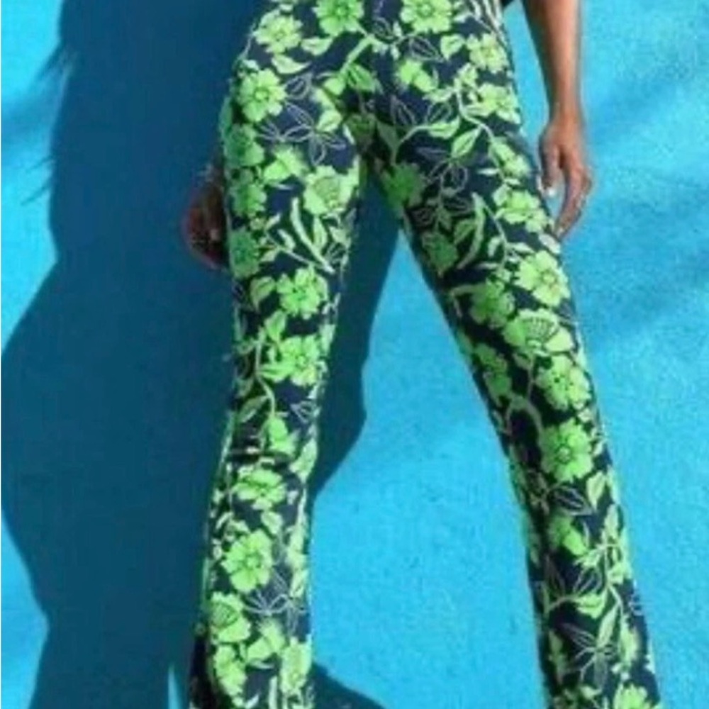 Zara Blue and Green Floral Boot Cut Pants